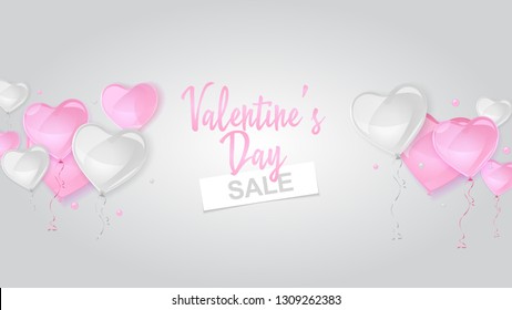 Valentine's Day sale text located on gray background. Flying bunch of pink and silver heart shaped balloons. 14th February sell-out.
