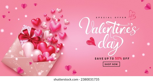 Valentine's day sale text vector banner. Valentine's day special offer discount promo with love letter full of heart balloons decoration elements. Vector illustration hearts day promo banner.
