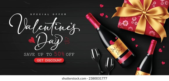 Valentine's day sale text vector banner. Valentine's day special offer discount price with wine bottle and dating couple glass elements for promotion advertisement. Vector illustration hearts day shop