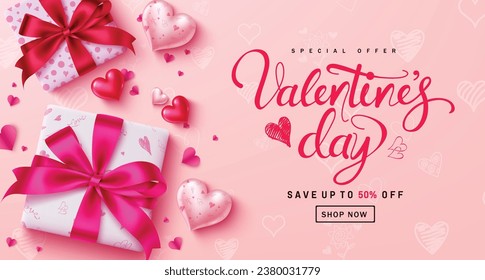 Valentine's day sale text vector banner. Valentine's day special offer promo discount with gift box and heart balloons for shopping advertisement. Vector illustration hearts day promotion banner.
