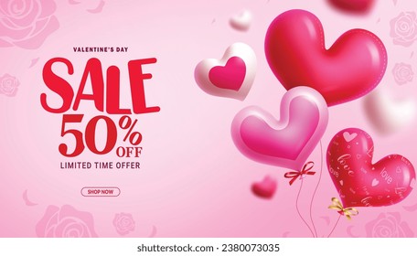 Valentine's day sale text vector banner. Valentine's limited time offer discount promo with hearts balloons for shopping promotion. Vector illustration hearts day promo advertisement.
