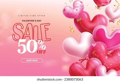 Valentine's day sale text vector banner. Happy valentine's day limited time offer discount card with bunch of hearts balloons decoration elements. Vector illustration hearts day shopping promo design.