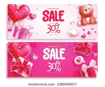 Valentine's day sale  text vector banner set. Valentine's day discount offer tags collection with heart balloon decoration elements. Vector illustration hearts day shopping voucher collection.
