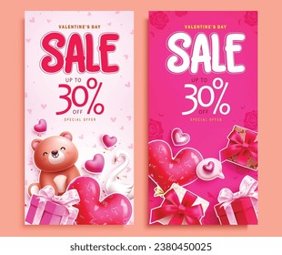 Valentine's day sale text vector poster set. Happy valentine's day greeting card with discount offer voucher collection for holiday shopping promotion. Vector illustration hearts day promo discount 