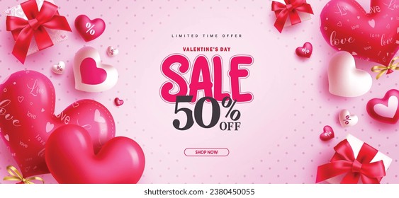 Valentine's day sale text vector banner. Valentine's day limited time offer with heart balloons and gift box decoration elements for holiday shopping discount advertisement. Vector illustration heart