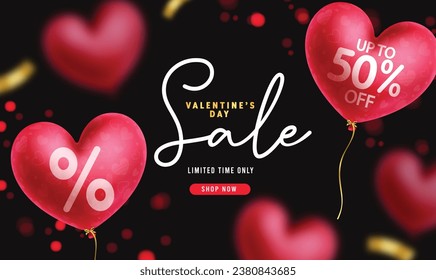 Valentine's day sale text vector banner design. Happy valentine's  special offer promo discount with floating heart balloons for shopping background. Vector illustration greeting card design.
