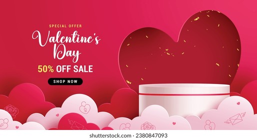 Valentine's day sale text vector banner. Valentine's day podium promo discount offer with heart and paper cut clouds for greeting card design. Vector illustration hearts day invitation card.
