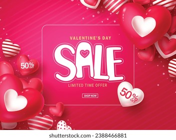 Valentine's day sale text vector banner. Happy valentine's day limited time offer with heart balloons decoration elements. Vector illustration hearts day sale design. 
