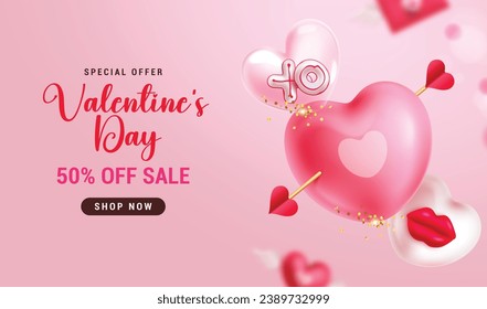 Valentine's day sale text vector banner. Happy valentine's day special offer discount text with bow and arrow heart balloons decoration elements for shopping promotion design. Vector illustration 