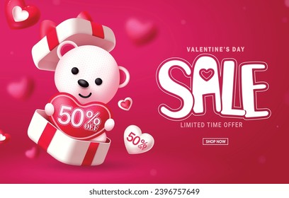 Valentine's day sale text vector banner. Happy valentine's day limited time offer with teddy bear in gift box decoration elements. Vector illustration hearts day promotion design.
