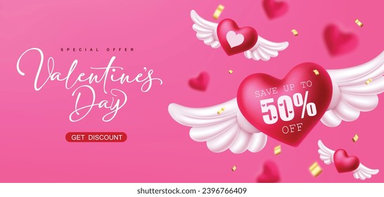 Valentine's day sale text vector banner. Happy valentine's day special offer discount with hearts balloon flying promo for shopping holiday season design. Vector illustration hearts day advertisement.
