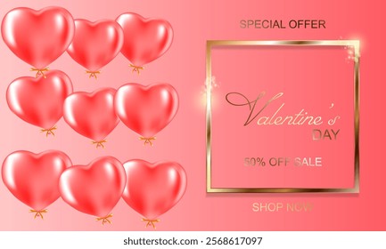 Valentine's day sale text vector banner. Valentine's day podium promo discount offer with heart and paper cut clouds for greeting card design. Vector illustration....
