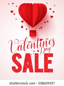 Valentines day sale text vector design for promotion with heart shape red hot air balloon flying with hearts in white background. Vector illustration.
