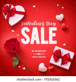 Valentines day sale text vector banner design with love gifts, rose and hearts in red pattern background for valentines day discount promotion. Vector illustration.

