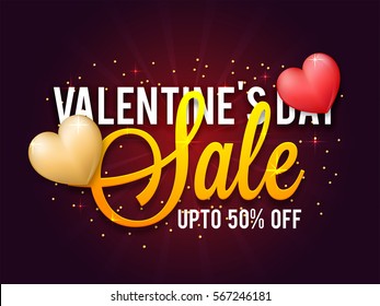 Valentine's Day Sale with upto 50% Off. Glossy Hearts decorated Poster, Banner or Flyer design.