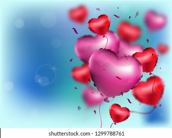 Valentines day sale Valentine red and pink heart balloons on blue shine, blurred background. Vector Eps10.