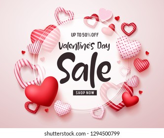 Valentines day sale vector banner. Sale discount promotion text in white frame with red valentines hearts elements in white background. Vector illustration.