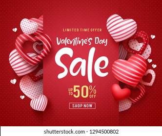 Valentines day sale vector banner. Sale discount text for valentines day shopping promotion with hearts elements in red background. Vector illustration.