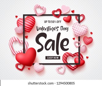 Plantilla de banner vectorial del día de San Valentín con texto de promoción de venta, elementos corazones y un marco en fondo de patrón blanco. Ilustración vectorial.