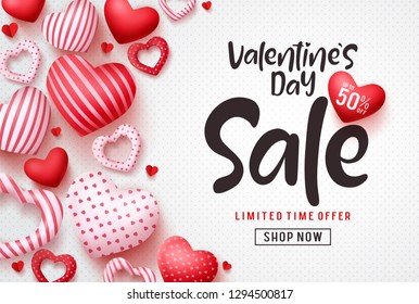 Plantilla de banner vectorial de venta de San Valentín. Texto de descuento del día de San Valentín con elementos corazones en fondo de patrón blanco. Ilustración vectorial.