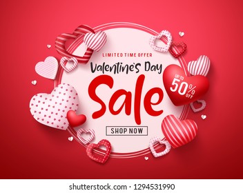 Valentines day sale vector banner. Valentines day sale promotion text with hearts elements and white space in red background. Vector illustration.
