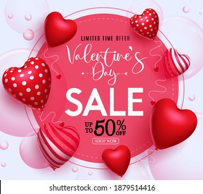 Valentine's day sale vector banner template. Valentine's day with 50% off text in circle badge with element of floating balloon hearts for promotion advertisement design. Vector illustration