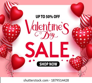 Valentine's day sale vector banner template. Valentine's day 50% off discount text in white board space with 3d balloon hearts element for shopping promotion offer design. Vector illustration