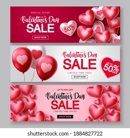 Valentines day sale vector banner set. Valentines day sale text with red heart balloon elements in red and white backgrounds for shopping promotions. Vector illustration.