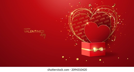 Valentine's day sale vector banner. Be my valentine banner with 3d heart, gift box, gold confetti, podium on red background.  Vector illustration. 3D realistiс design template with podium and gift 