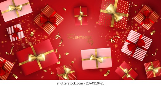 Valentine's day sale vector banner. Be my valentine banner with 3d heart, gift box, gold confetti, podium on red background.  Vector illustration. 3D realistiс design template with podium and gift 