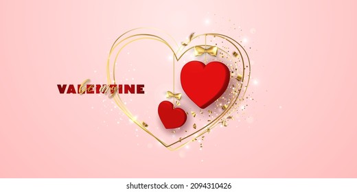 Valentine's day sale vector banner. Be my valentine banner with 3d heart, gift box, gold confetti, podium on pink background.  Vector illustration. 3D realistiс design template with podium and gift 