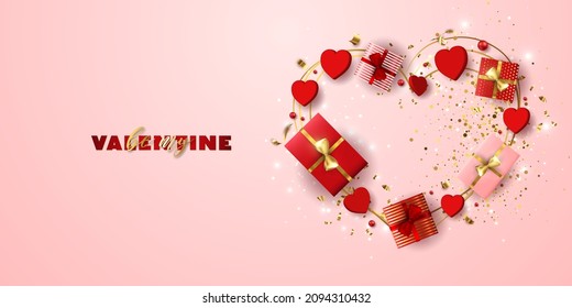 Valentine's day sale vector banner. Be my valentine banner with 3d heart, gift box, gold confetti, podium on pink background.  Vector illustration. 3D realistiс design template with podium and gift 
