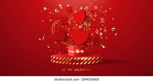 Valentine's day sale vector banner. Be my valentine banner with 3d heart, gift box, gold confetti, podium on red background.  Vector illustration. 3D realistiс design template with podium and gift 