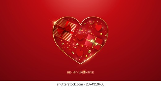Valentine's day sale vector banner. Be my valentine banner with 3d heart, gift box, gold confetti, podium on red background.  Vector illustration. 3D realistiс design template with podium and gift 
