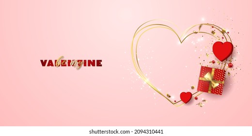 Valentine's day sale vector banner. Be my valentine banner with 3d heart, gift box, gold confetti, podium on pink background.  Vector illustration. 3D realistiс design template with podium and gift 