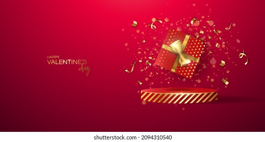 Valentine's day sale vector banner. Be my valentine banner with 3d heart, gift box, gold confetti, podium on red background.  Vector illustration. 3D realistiс design template with podium and gift 
