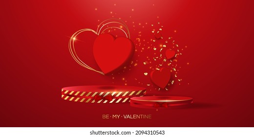 Valentine's day sale vector banner. Be my valentine banner with 3d heart, gift box, gold confetti, podium on red background.  Vector illustration. 3D realistiс design template with podium and gift 