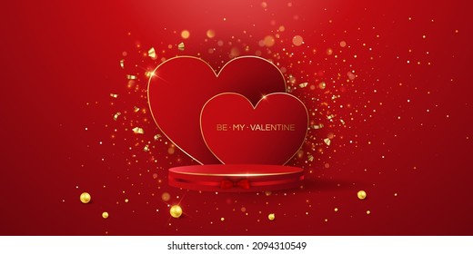 Valentine's day sale vector banner. Be my valentine banner with 3d heart, gift box, gold confetti, podium on red background.  Vector illustration. 3D realistiс design template with podium and gift 