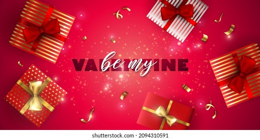 Valentine's day sale vector banner. Be my valentine banner with 3d heart, gift box, gold confetti, podium on red background.  Vector illustration. 3D realistiс design template with podium and gift 