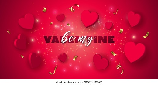 Valentine's day sale vector banner. Be my valentine banner with 3d heart, gift box, gold confetti, podium on red background.  Vector illustration. 3D realistiс design template with podium and gift 