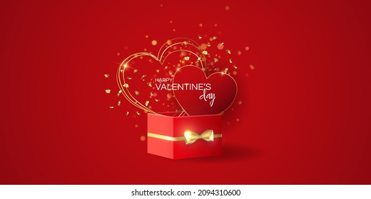 Valentine's day sale vector banner. Be my valentine banner with 3d heart, gift box, gold confetti, podium on red background.  Vector illustration. 3D realistiс design template with podium and gift 