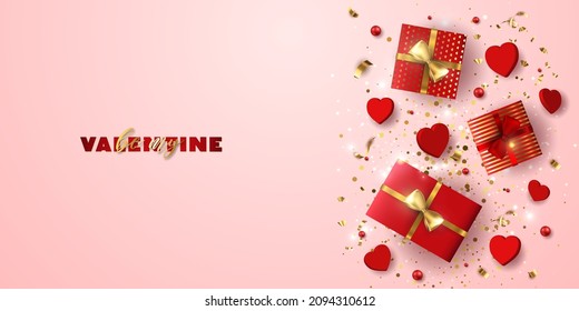 Valentine's day sale vector banner. Be my valentine banner with 3d heart, gift box, gold confetti, podium on pink background.  Vector illustration. 3D realistiс design template with podium and gift 