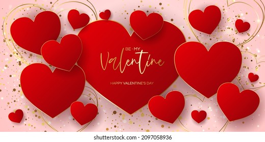 Valentine's day sale vector banner. Be my valentine banner with 3d heart, gift box, gold confetti, podium on red background.  Vector illustration. 3D realistiс design template with podium and gift 