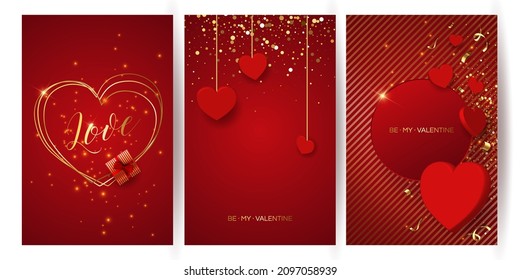 Valentine's day sale vector banner. Be my valentine banner with 3d heart, gift box, gold confetti, podium on red background.  Vector illustration. 3D realistiс design template with podium and gift 