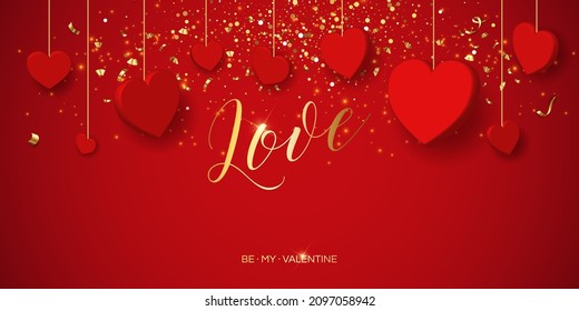 Valentine's day sale vector banner. Be my valentine banner with 3d heart, gift box, gold confetti, podium on red background.  Vector illustration. 3D realistiс design template with podium and gift 