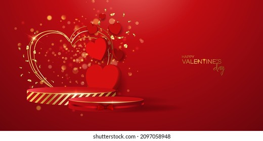 Cartel vectorial de venta del día de San Valentín. Sé mi pancarta de San Valentín con corazón de 3d, caja de regalo, confeti de oro, podio sobre fondo rojo.  Ilustración vectorial. Plantilla de diseño 3D realista с con podio y regalo 