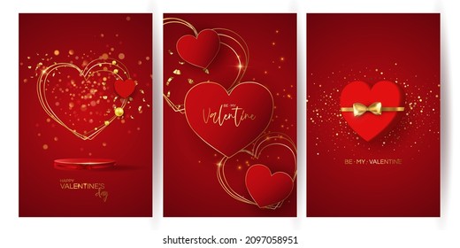 Valentine's day sale vector banner. Be my valentine banner with 3d heart, gift box, gold confetti, podium on red background.  Vector illustration. 3D realistiс design template with podium and gift 