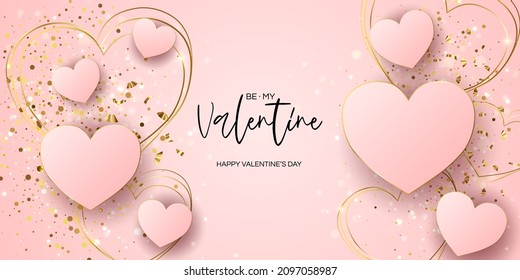 Valentine's day sale vector banner. Be my valentine banner with 3d heart, gift box, gold confetti, podium on pink background.  Vector illustration. 3D realistiс design template with podium and gift 