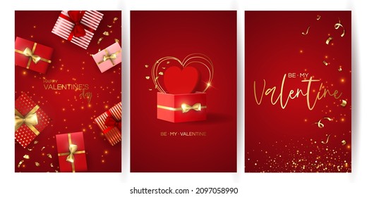 Valentine's day sale vector banner. Be my valentine banner with 3d heart, gift box, gold confetti, podium on red background.  Vector illustration. 3D realistiс design template with podium and gift 