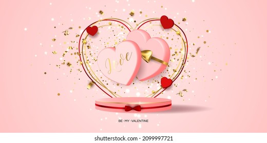 Valentine's day sale vector banner. Be my valentine banner with 3d heart, gift box, gold confetti, podium on red background.  Vector illustration. 3D realistiс design template with podium and gift 
